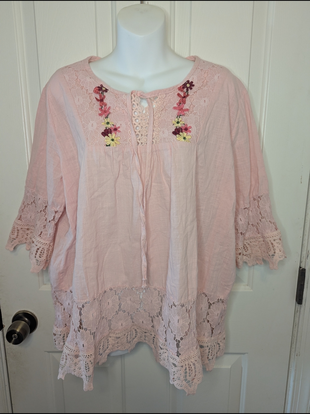 Boho Pink Embroidered Tunic Blouse Lace Patchwork 3/4 Sleeve Tie Front Top 3XL